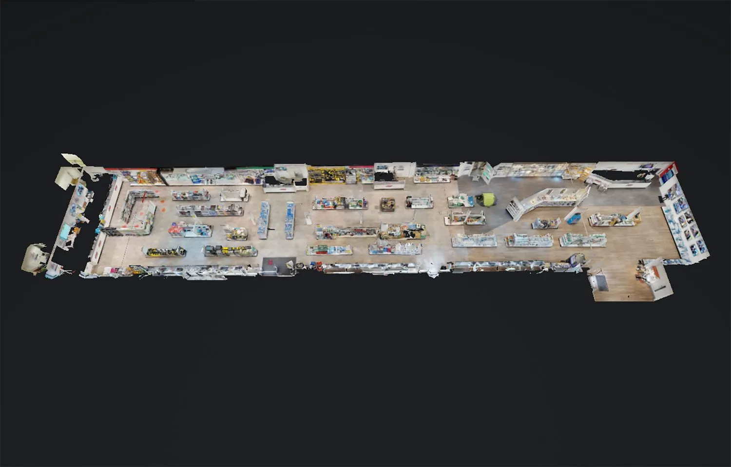 Dollhouse view of a long factory floor