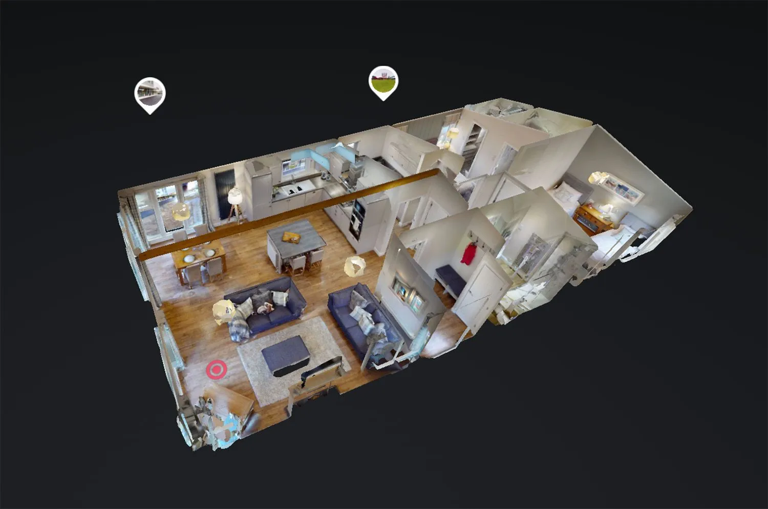 Dollhouse view of a holiday lodge with an open-plan kitchen and lounge