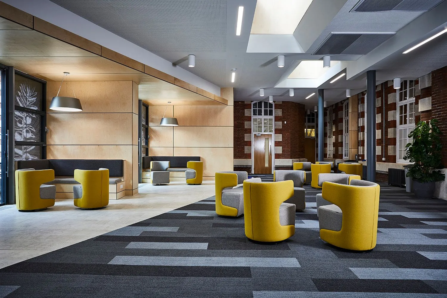 Office breakout area with yellow tub chairs and timber shelving