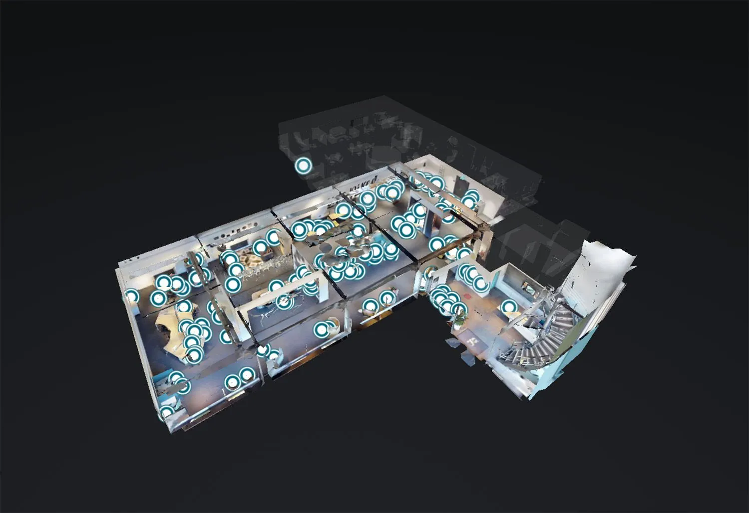 Dollhouse view of an office furniture showroom