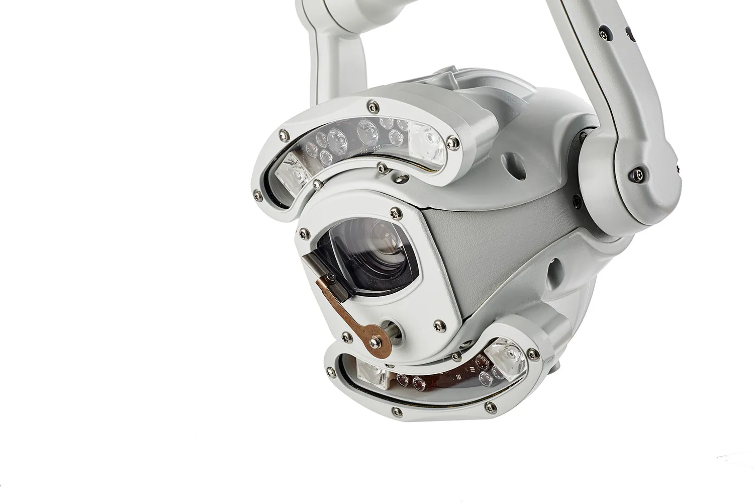 Industrial camera unit on an articulated arm, shot against white